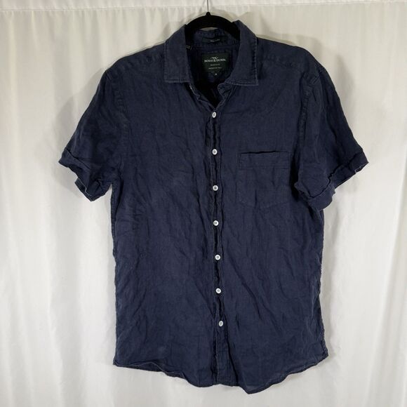 Rodd Gunn 100% Linen Shirt Size Medium Blue Button Up Short Sleeve Italy - Picture 1 of 13